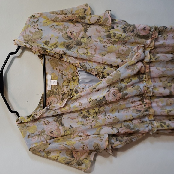 LC LAUREN CONRAD Pastel Floral Flutter Sleeve Faux Wrap Midi Chiffon Dress XXL - Picture 3 of 8